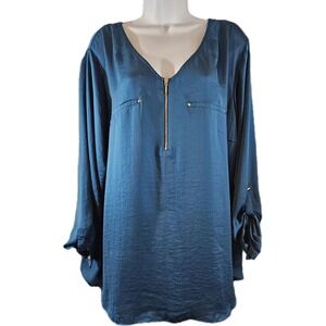 APT 9 Blouse Womens 2XL Teal Blue Zip Front Long Sleeve Pleated Back Career Top